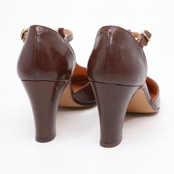 Vintage Emanuelle Brown Leather T-Strap Pumps 80s Chunky Heels Retro Granny - Picture 5 of 12